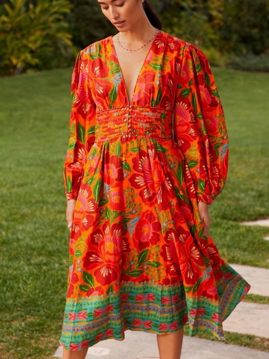 Anthropologie Dresses & Skirts - Farm Rio x Anthropologie Orange Floral V-Neck Midi Dress with Puff Sleeves